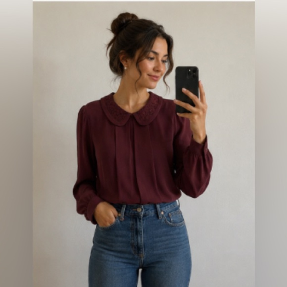 Ann Taylor Burgundy Peter Pan Collar Blouse